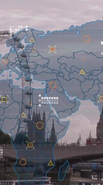 Animation of world map and data processing over london cityscape