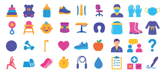 Fototapeta premium Colorful icons set: baby, fitness, healthcare, and lifestyle essentials