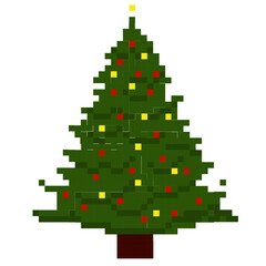 Christmas tree Pixel art icon. Retro illustration in 8 bit style. decoration sprite or game assets. 90s. Vector stock illustration. isolated on a white background.