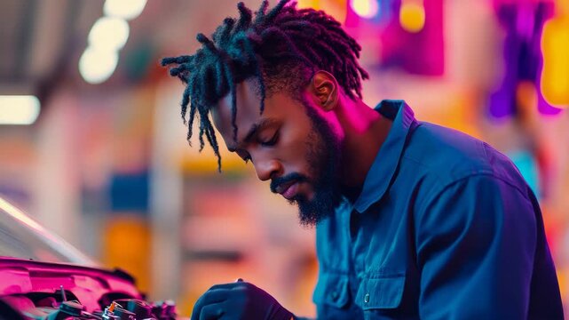 Skilled technician meticulously inspecting complex machinery under dynamic neon garage illumination