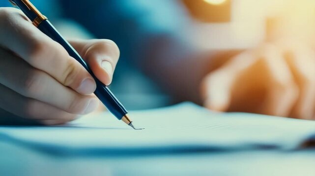 Person's hand carefully inscribing words with elegant fountain pen on crisp paper, illuminated by gentle, contrasting ambient glow