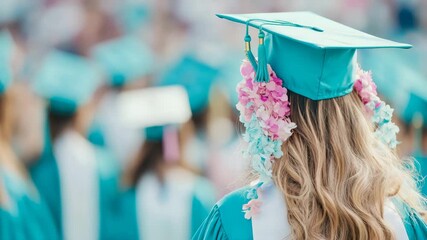 Blonde waves and teal academic cap adorned with delicate blossoms mark significant academic accomplishment