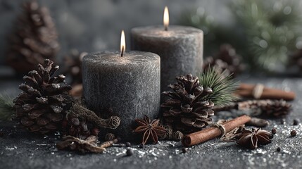 Two flickering candles illuminating winter s embrace with pinecones cinnamon and star anise for a cozy holiday mood and