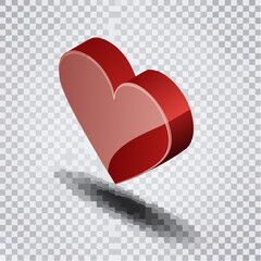 Isometric 3 d red heart illustration with shadow on transparent background