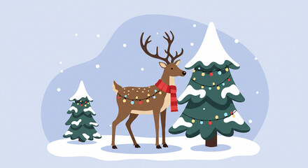 Festive Reindeer with Christmas Trees and Snow in Winter Scene