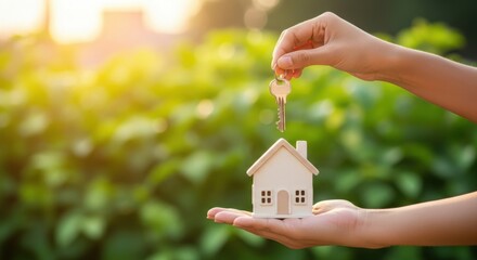 Hand holding miniature house and keys symbolizing homeownership and new beginnings