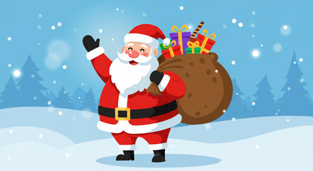 Festive Santa Claus Carrying Sack of Gifts in Snowy Winter Landscape for Holiday Celebrations and Christmas Marketing
