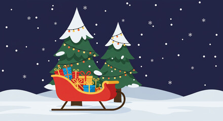 Christmas Scene with Red Sleigh Filled with Gifts and Snowy Pine Trees in Night Sky