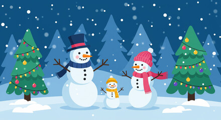 Festive Snowmen with Christmas Trees in Snowy Forest Scene