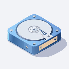 Isometric illustration of a blue hard drive with data storage symbol