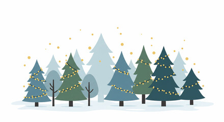 Festive Pine Trees Decorated with String Lights in Winter Forest Scene