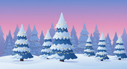 Snowy Christmas Trees with Lights in Winter Forest Scene