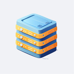 Isometric illustration of a data server stack with blue and orange details