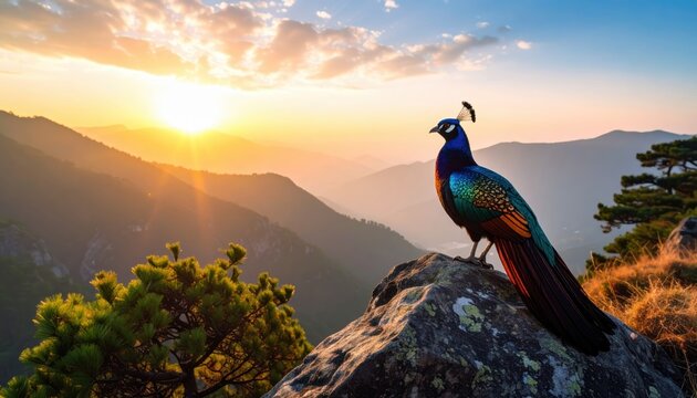 Majestic monal standing proudly on a rocky outcrop at sunrise overlooking hills