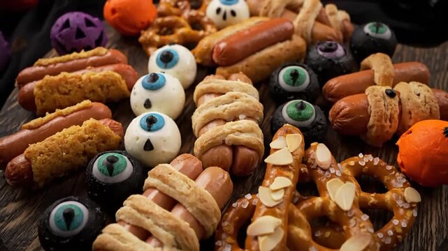 Halloween themed cookies with spooky eye decorations, pretzels, pumpkin shapes, and colorful sprinkles on a wooden platter