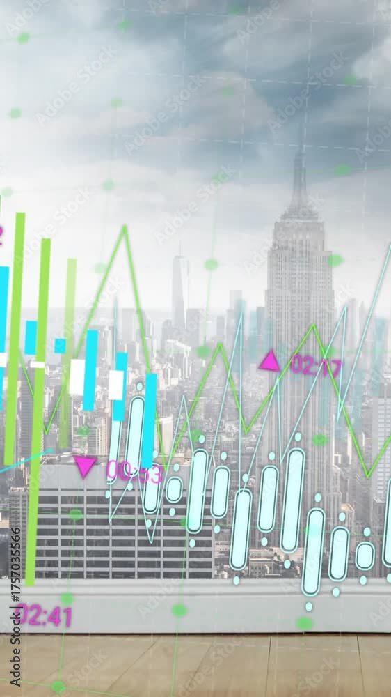 Wall mural Animation of graphs processing data over cloudy cityscape