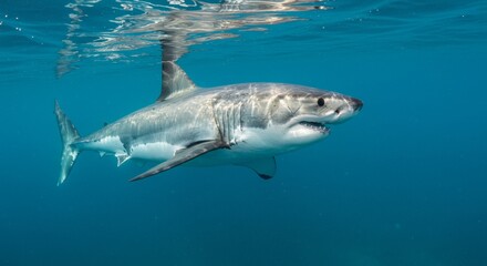 Fototapeta premium Magnificent Great White Shark Gliding Gracefully Beneath Ocean Surface