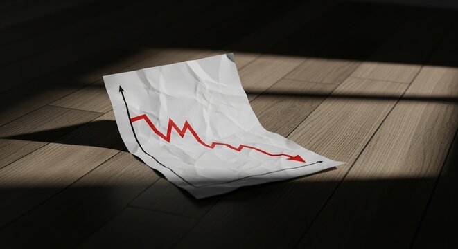 A crumpled piece of paper with a downward trending red graph is illuminated by a shaft of light on a wooden floor.
