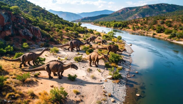 A Triassic Gathering: Lystrosaurus Herd by the River's Edge in Prehistoric Landscape