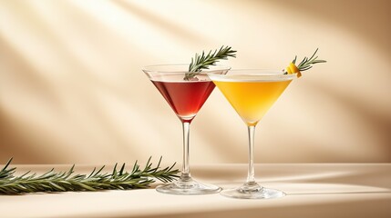 Two elegant cocktails in martini glasses with rosemary garnish on beige background