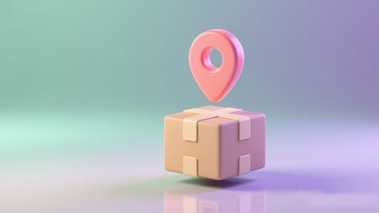 3d pastel background box with floating map pin symbolizing smart navigation, gps tracking delivery concept