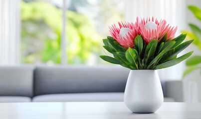 Pink tulips in a pastel vase on white table with soft background light