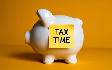A white ceramic piggy bank with a yellow sticky note labeled tax time sits on a vibrant orange background