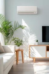 Modern cozy living room with air conditioner, sofa and indoor plants in natural light