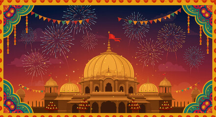 Festive Indian Palace Scene with Fireworks Bright Colors Traditional Decorations Celebratory Atmosphere