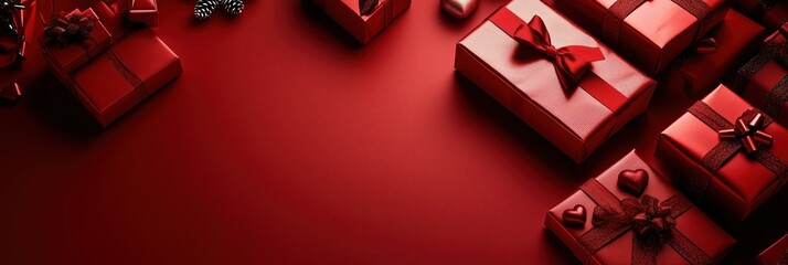 Red gift boxes on festive red background