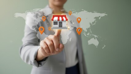 Businesswoman tapping floating store icon with map pins in air, smart navigation, gps tracking
