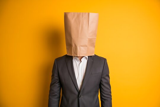 Anonymous businessman wearing a brown paper bag over his head against a vibrant yellow studio background symbolizing hidden identity and frustration