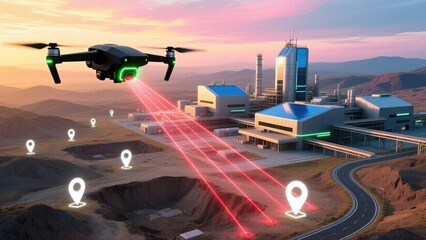 Drone scanning industrial site with red data beams and location icons, smart navigation, gps tracking