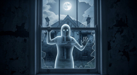 Mysterious Ghostly Figure Peering Through Broken Window Under Full Moon in Dark Haunted House