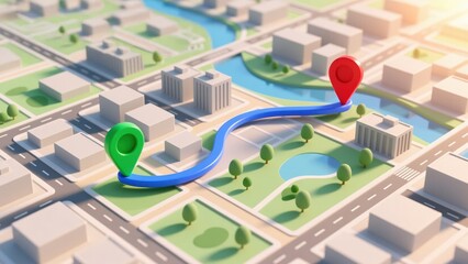 3d city map from above with winding blue route and green red pins under warm light, smart navigation, gps tracking