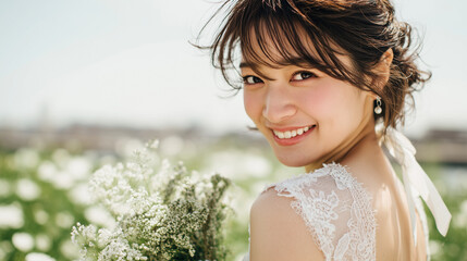白いお花畑を背景に、レースのウェディングドレスを着た美しい花嫁が、幸福感あふれる笑顔で振り向く瞬間。ウェディング、美容、ライフスタイル、ポジティブな感情