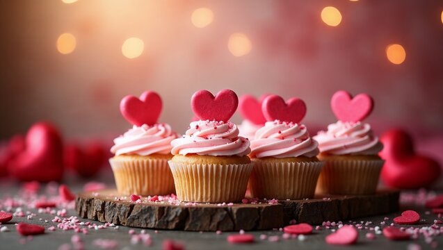 Cupcakes with heart toppers and sprinkles, Valentine's Day sweets - Powered by Adobe