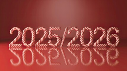 Candy cane numbers forming 20252026 with reflection on a red background, representing the upcoming new year and holiday season