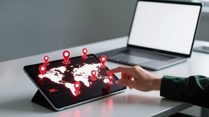 Hand reaching toward tablet with floating red pins on holographic world map, smart navigation, gps tracking