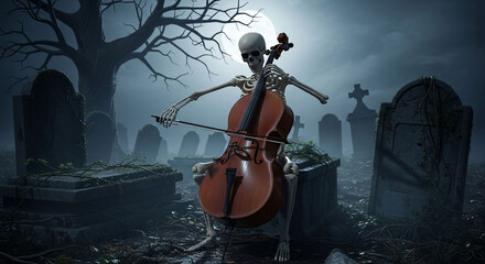 Skeleton Playing Cello in Haunted Graveyard at Night with Full Moon and Bare Trees