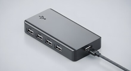 Black USB Hub with Multiple Ports for Connecting Devices.