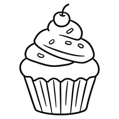 A black and white outline drawing of a cupcake with frosting and a cherry on top and sprinkles around it