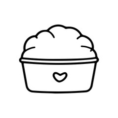 Outline drawing of a loaf of bread in a pan with a heart shape decoration on the front side of the pan