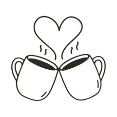 Two coffee mugs toasting with steam forming a heart shape in a simple black and white line drawing