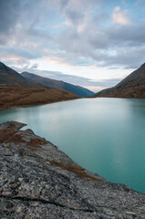 Evening view on lake Akchan with its turquoise water, the Altai Republic, Russia