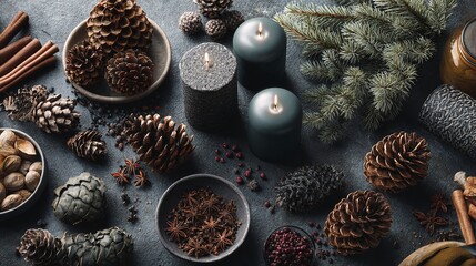 Creating a cozy winter ambiance with flickering candles pine cones and star anise a scene of seasonal warmth and natural