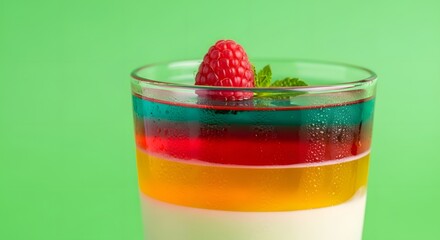 Colorful Layered Jelly Dessert with Raspberry and Mint on Green Background.