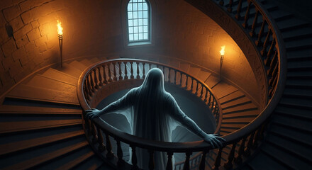 Mysterious Ghostly Figure in Dimly Lit Circular Staircase with Torches and Gothic Window