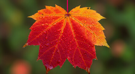 Obraz premium Vibrant autumn maple leaf with dew drops - red orange and yellow colors on a green background