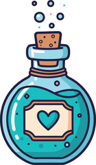 A cute, round vector illustration of a potion bottle with bubbling blue liquid, a cork, and a heart on the label.